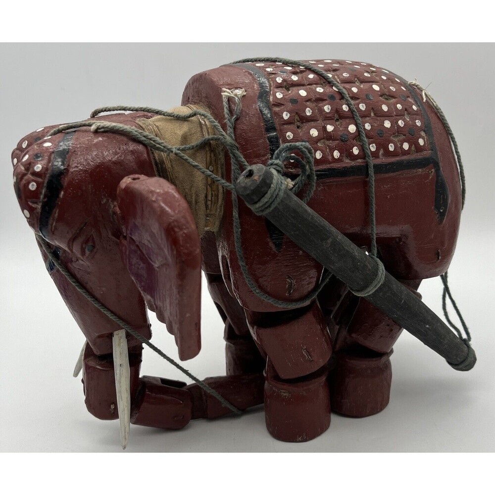 Vintage Painted Elephant Puppet With Removable Tusks Maroon Colored Decorated